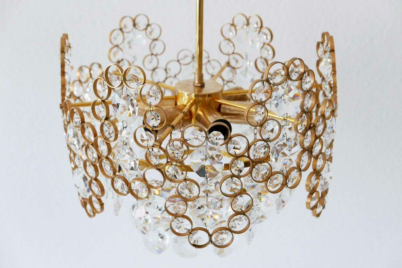 Gilt Brass Facet Cut Crystal Glass Chandelier By Palwa, 1970s, Germany photo for sale