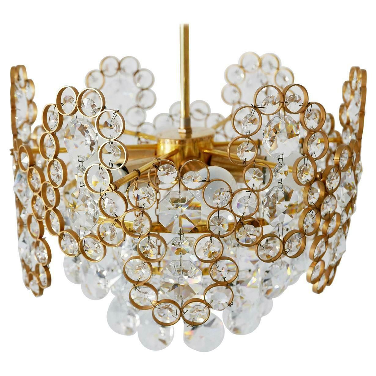 photo buy Gilt Brass Facet Cut Crystal Glass Chandelier By Palwa, 1970s, Germany
