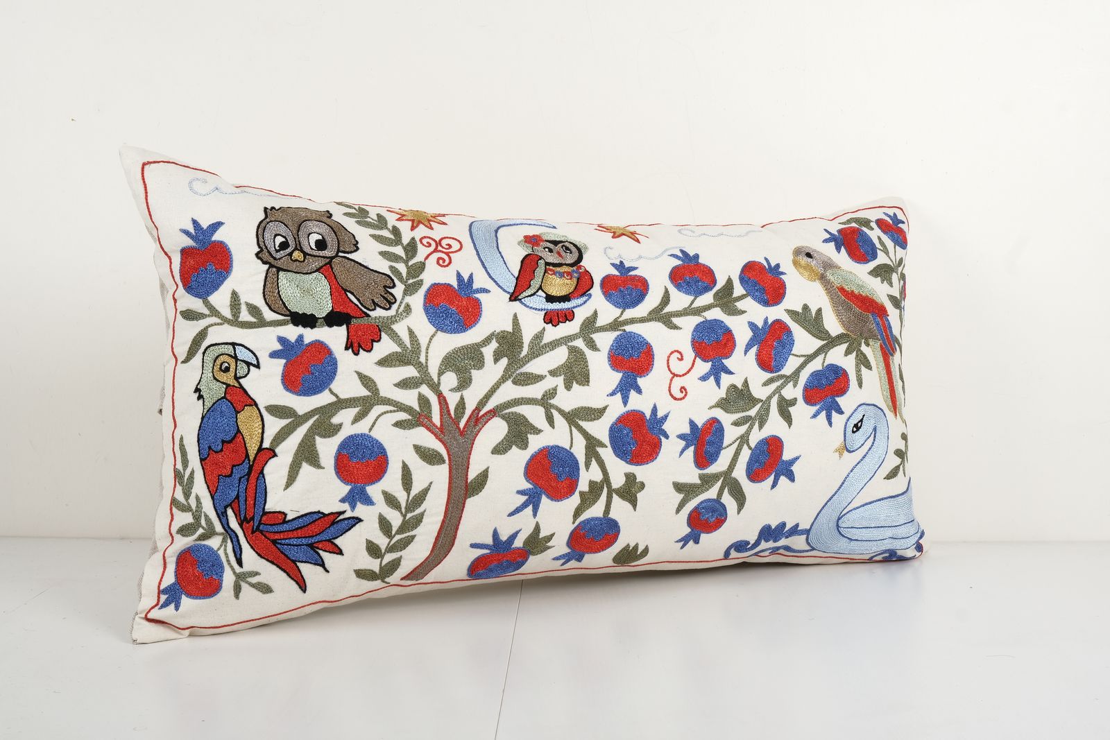 Vintage Long Pictorial Suzani Pillow Cover, Embroidery Duck, Eagle And Parrot Motif Uzbek Bedding Cushion Cover 18'' X 34'' photo furniture