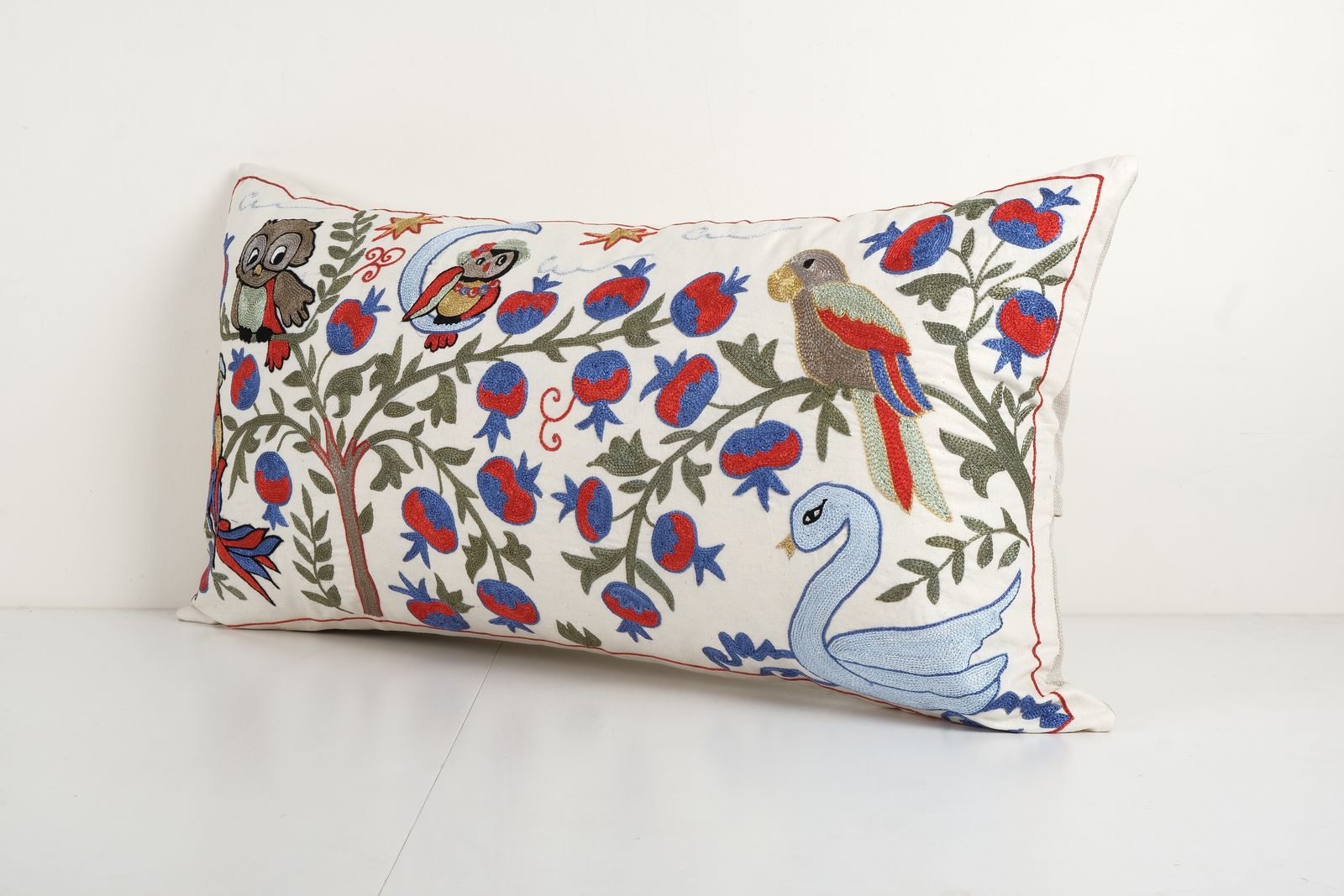 Vintage Long Pictorial Suzani Pillow Cover, Embroidery Duck, Eagle And Parrot Motif Uzbek Bedding Cushion Cover 18'' X 34'' photo Textiles