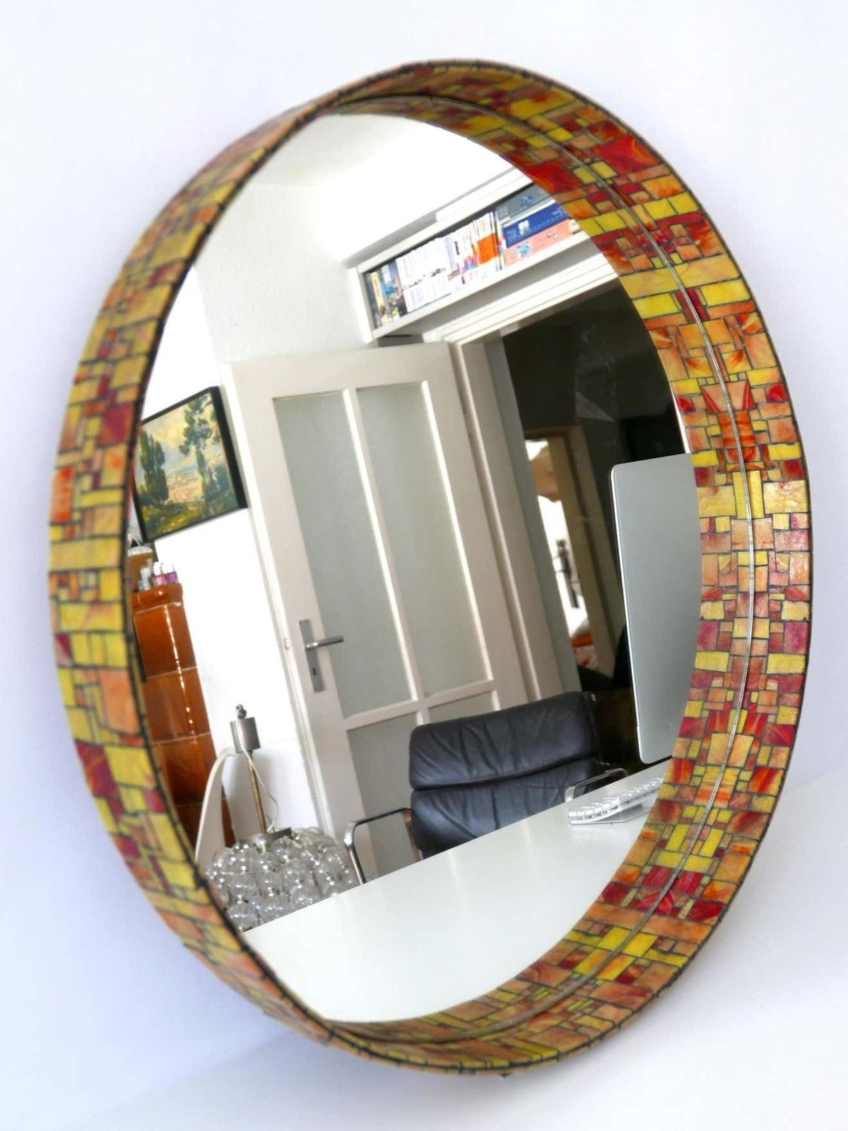 Home Decor Exceptional Mid Century Modern Mosaic Framed Circular Wall Mirror, Italy, 1960s photo