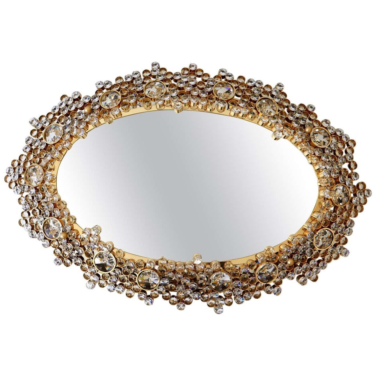 Gorgeous Gilt Brass & Crystal Glass Backlit Wall Mirror By Palwa, Germany, 1970s
