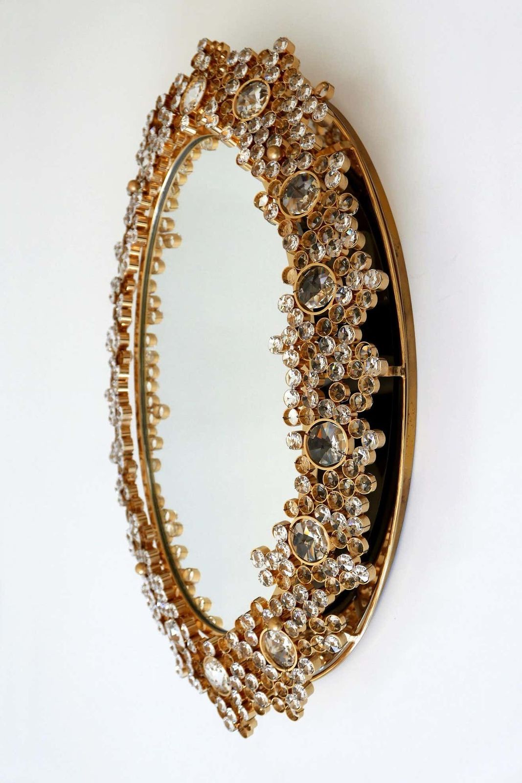 Gorgeous Gilt Brass & Crystal Glass Backlit Wall Mirror By Palwa, Germany, 1970s photo 5899.0