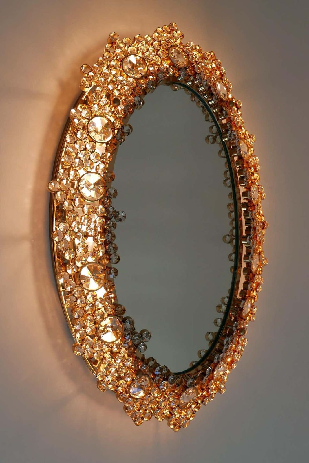 photo furniture Gorgeous Gilt Brass & Crystal Glass Backlit Wall Mirror By Palwa, Germany, 1970s