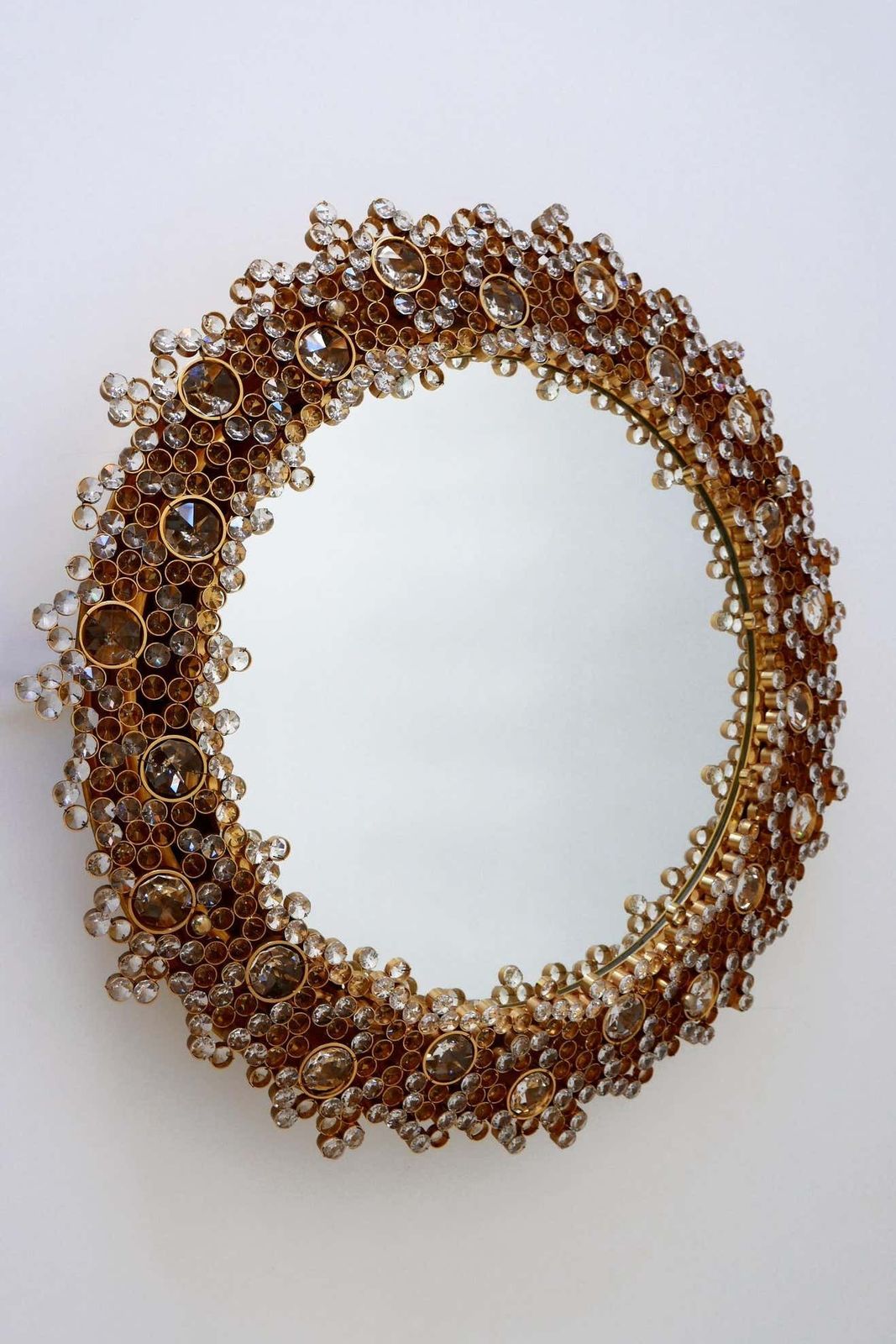 Gorgeous Gilt Brass & Crystal Glass Backlit Wall Mirror By Palwa, Germany, 1970s photo for sale