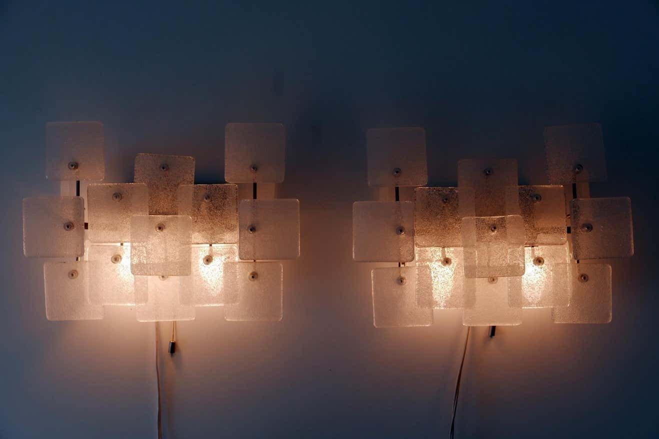 Set Of Two Midcentury Ice Glass Wall Lamps Or Sconces By Kalmar Franken, 1960s photo for sale
