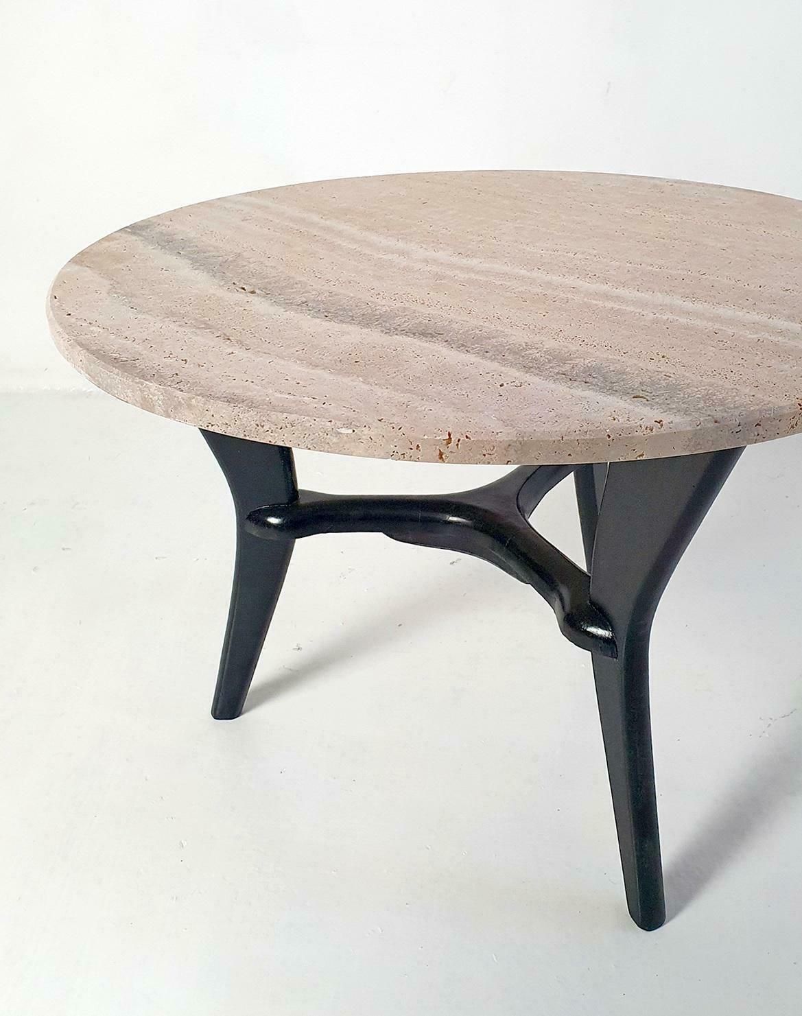 photo furniture Mid Century Round Coffee Table In Travertine, Italy, 1950's