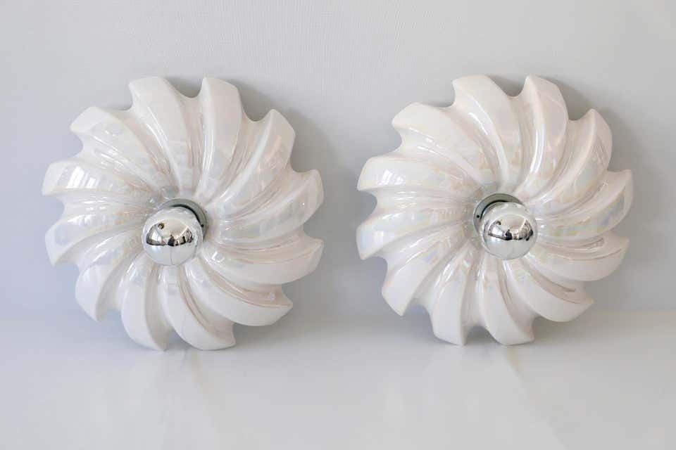 Set Of Two Mid Century Modern Iridescent Glazed Pan Wall Lamps By Goebel Germany photo 726.0