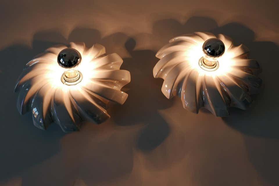 photo for sale Set Of Two Mid Century Modern Iridescent Glazed Pan Wall Lamps By Goebel Germany