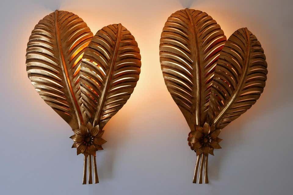 Set Of Two Extra Large Gilt Metal Palm Leaf Wall Lamps, Hans Kögl, 1970s Germany photo furniture