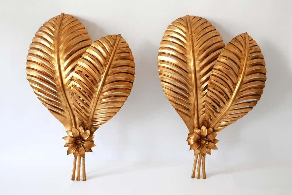 Set Of Two Extra Large Gilt Metal Palm Leaf Wall Lamps, Hans Kögl, 1970s Germany photo for sale