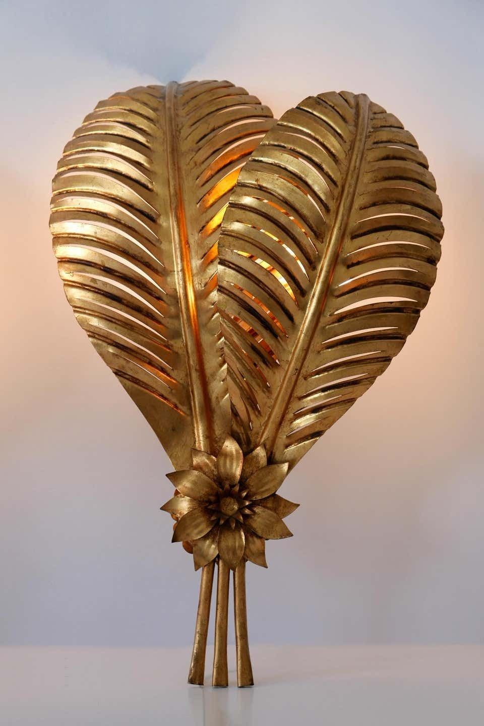Set Of Two Extra Large Gilt Metal Palm Leaf Wall Lamps, Hans Kögl, 1970s Germany photo buy
