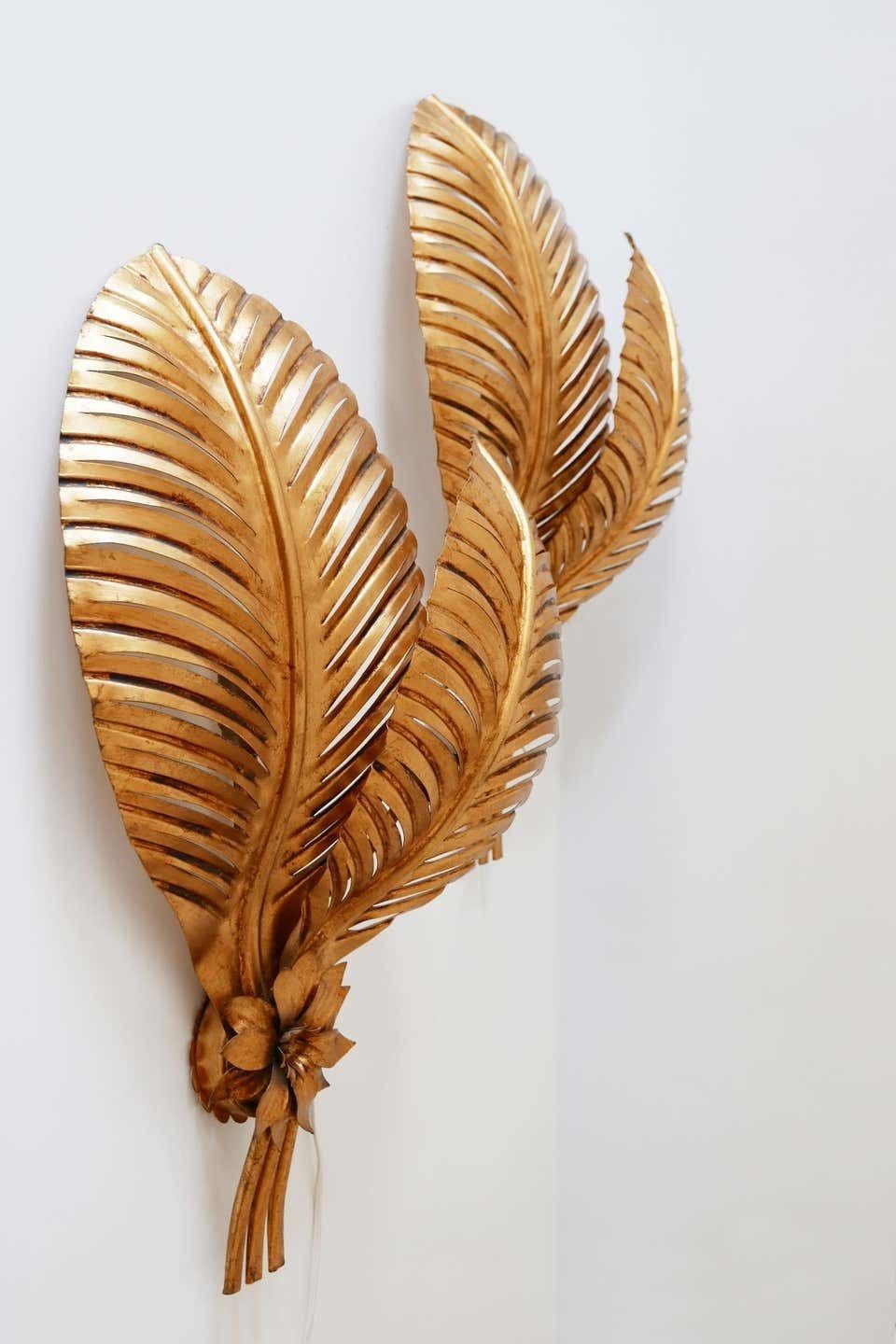 photo vinterior Set Of Two Extra Large Gilt Metal Palm Leaf Wall Lamps, Hans Kögl, 1970s Germany