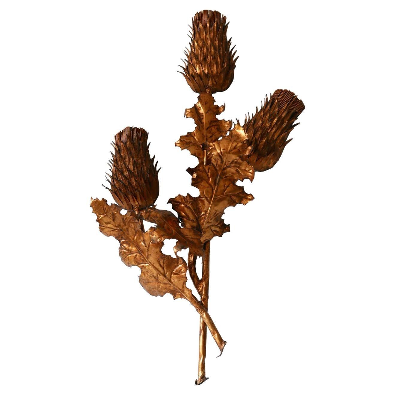 Huge Mid Century Modern Gilt Metal Three Flamed Thistle Flower Sconce 1960s