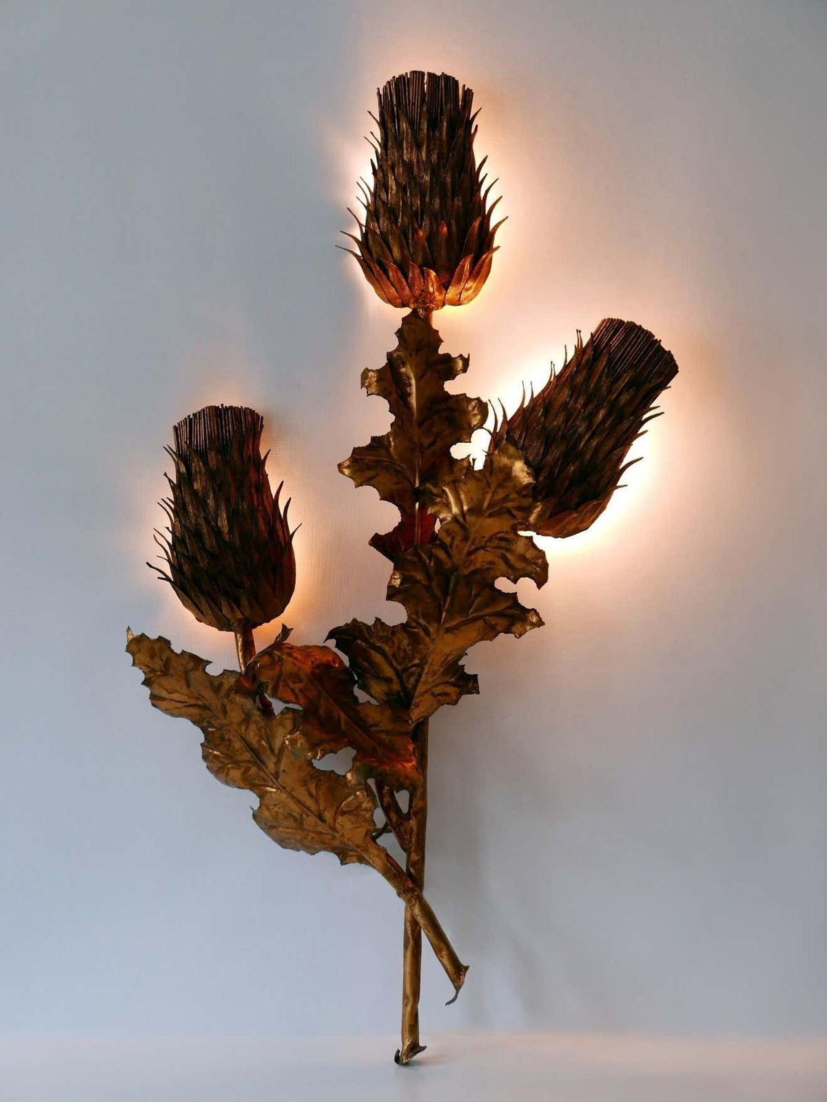 Huge Mid Century Modern Gilt Metal Three Flamed Thistle Flower Sconce 1960s photo Lighting
