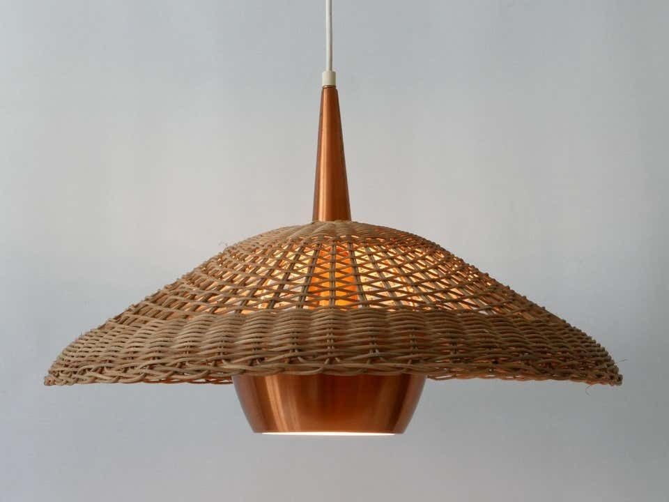 2057.0 Large & Elegant Mid Century Modern Rattan & Copper Pendant Lamp Denmark 1970s photo