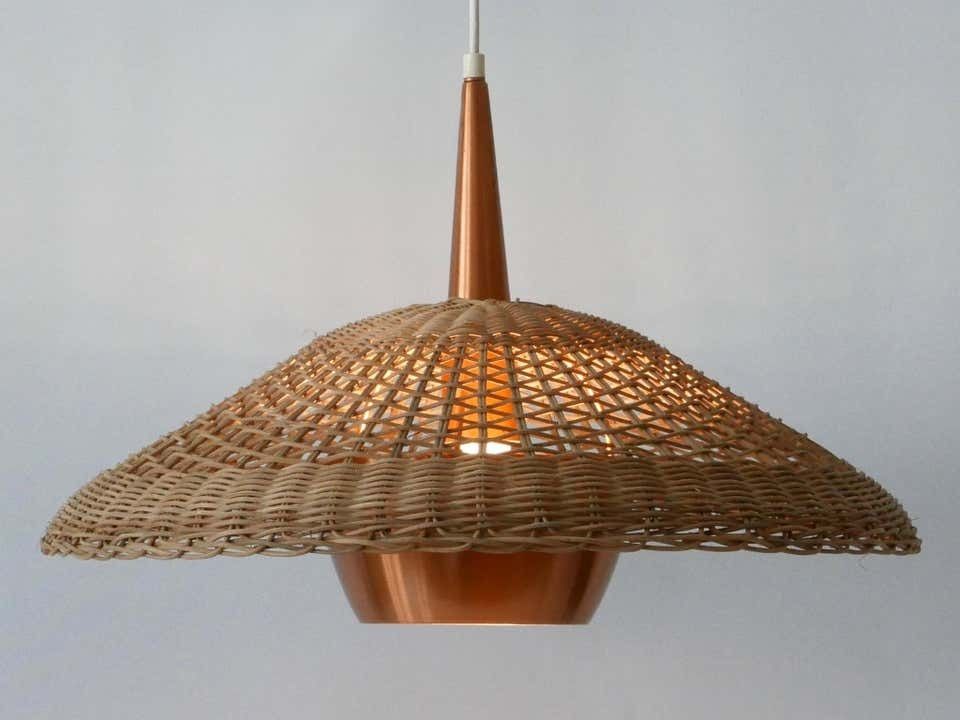 photo buy Large & Elegant Mid Century Modern Rattan & Copper Pendant Lamp Denmark 1970s