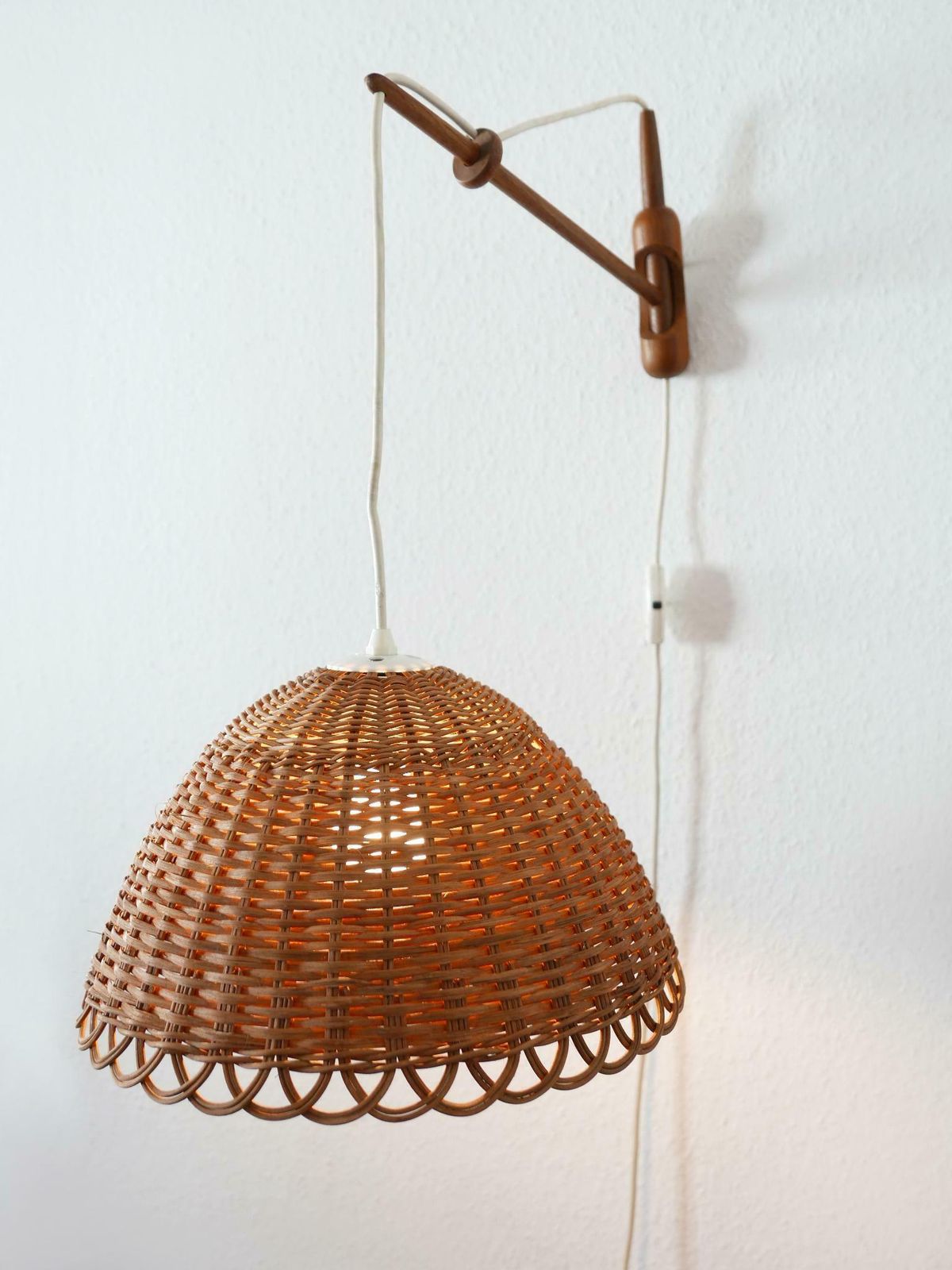 Lighting Rare & Elegant Mid Century Modern Rattan & Teak Wall Lamp Scandinavia 1960s photo