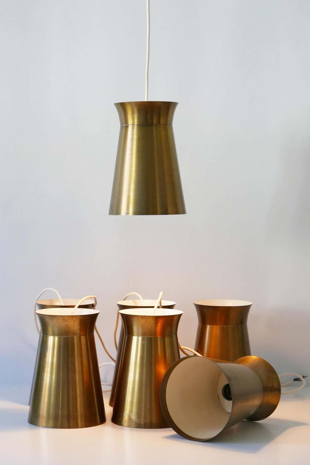 Lighting Elegant Mid Century Modern Brass Pendant Lamps Or Hanging Lights, 1950s, Germany photo