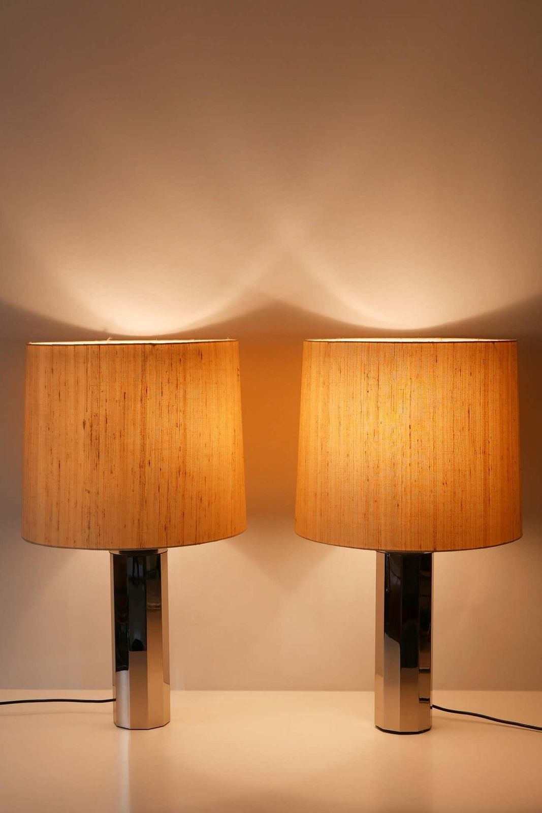 Set Of Two Huge, 5 Flamed Midcentury Decagonal Chrome Table Lamps 1960s, Germany photo vinterior