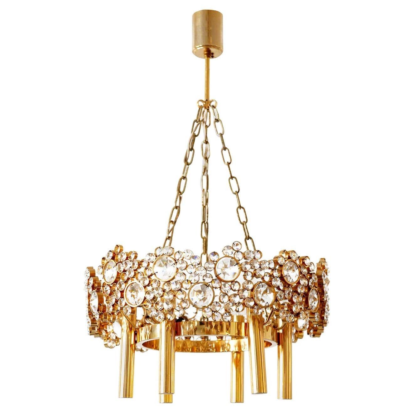 Gilt Brass Facet Cut Crystal Glass Chandelier ''Jewel'' By Palwa, 1970s, Germany