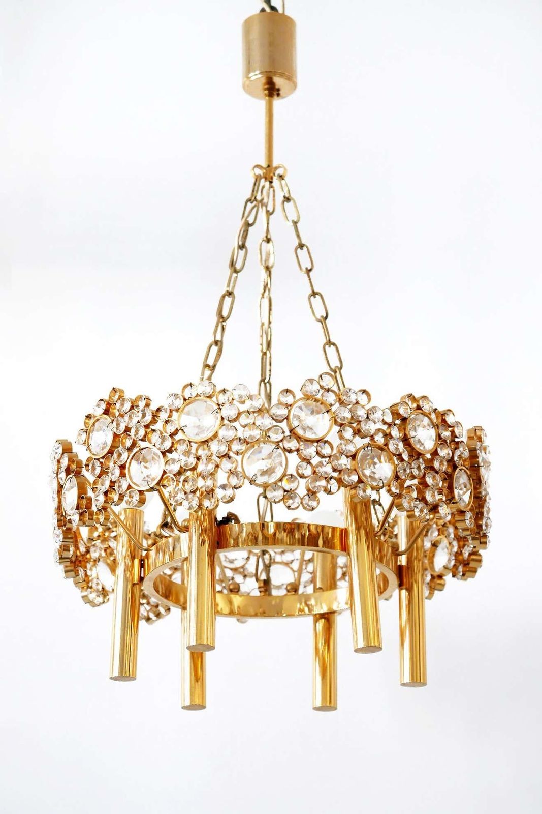 Gilt Brass Facet Cut Crystal Glass Chandelier ''Jewel'' By Palwa, 1970s, Germany photo vinterior