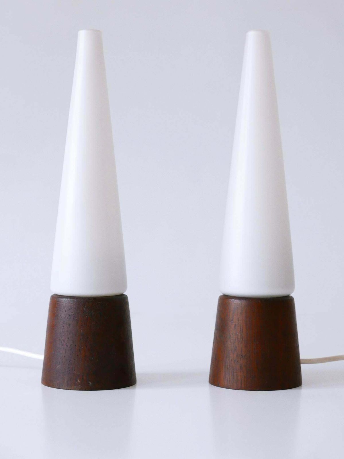 Set Of Two Mid Century Modern Opaline Glass & Teak Table Lamps Scandinavia 1960s photo for sale