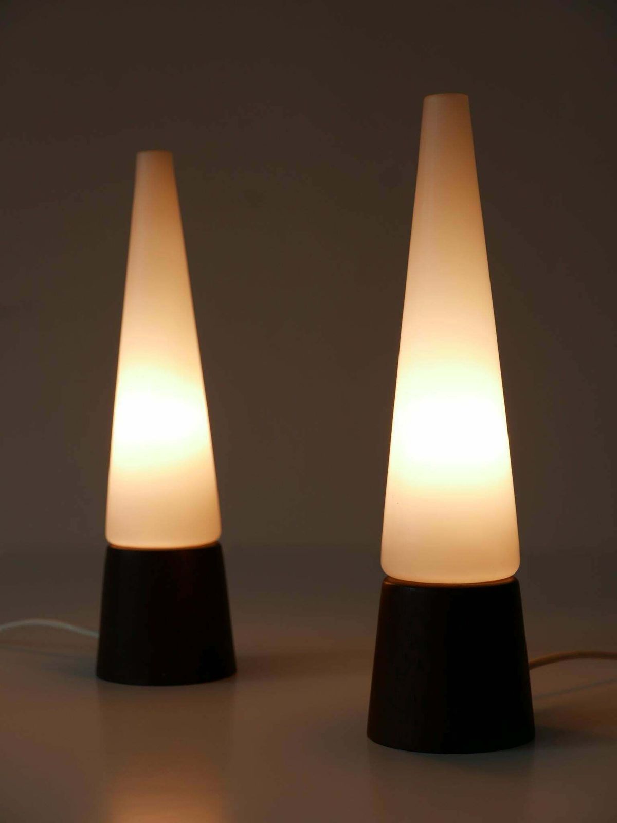 Set Of Two Mid Century Modern Opaline Glass & Teak Table Lamps Scandinavia 1960s photo vintage