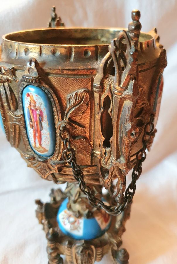 photo vinterior Neo Gothic Covered Cup In Bronze With Sevres Porcelain Medallions Circa 1850