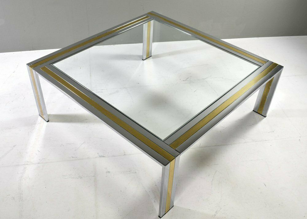 Square Coffee Table In Brass, Chrome And Glass By Renato Zevi, Italy, 1970s photo furniture