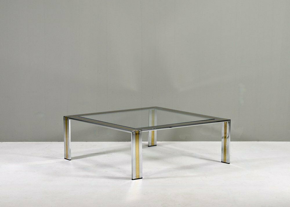Square Coffee Table In Brass, Chrome And Glass By Renato Zevi, Italy, 1970s photo for sale