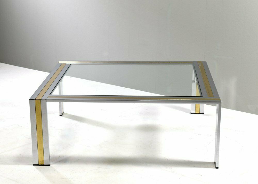 Square Coffee Table In Brass, Chrome And Glass By Renato Zevi, Italy, 1970s photo 3261.44