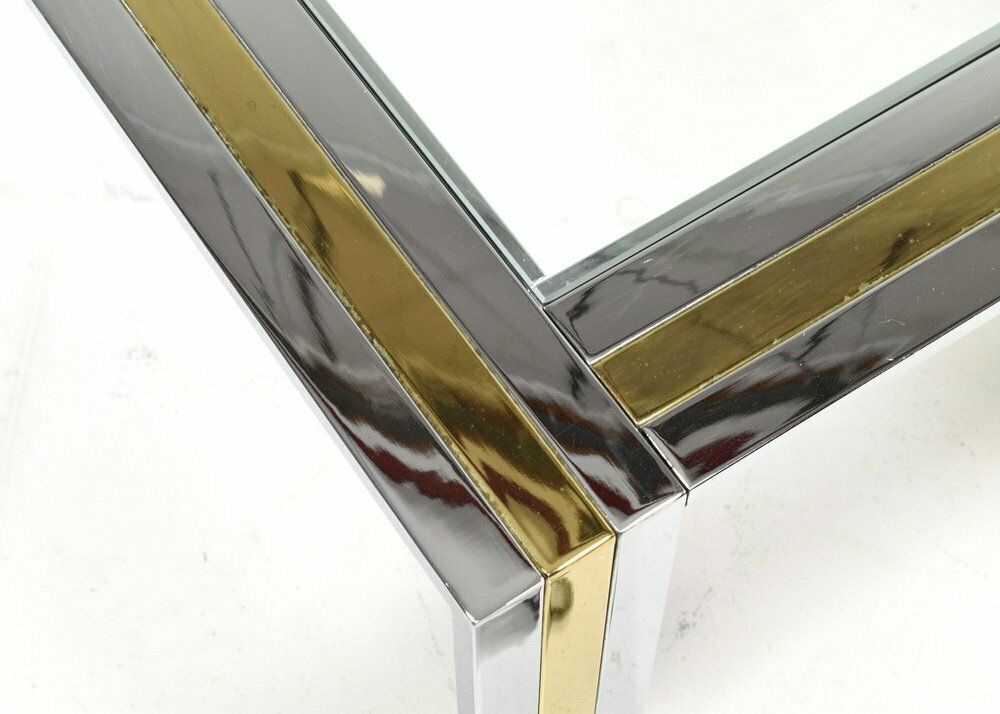 Square Coffee Table In Brass, Chrome And Glass By Renato Zevi, Italy, 1970s photo vinterior