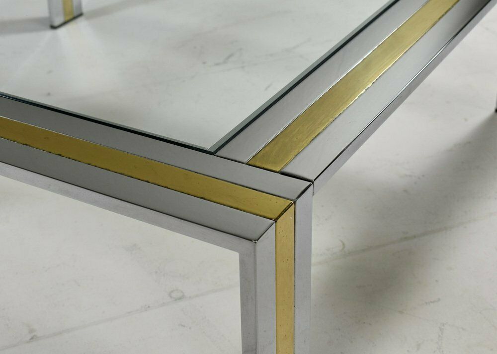 Square Coffee Table In Brass, Chrome And Glass By Renato Zevi, Italy, 1970s photo vintage