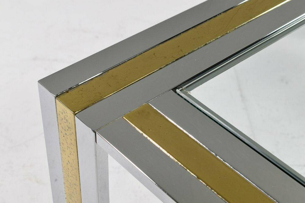photo for sale Square Coffee Table In Brass, Chrome And Glass By Renato Zevi, Italy, 1970s