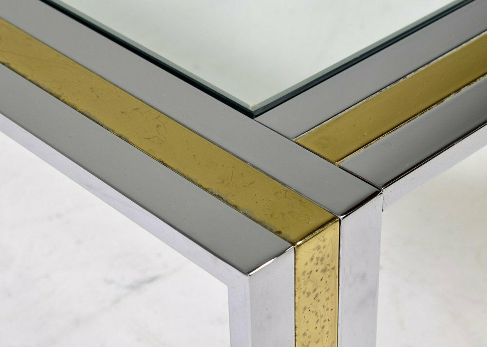 photo vinterior Square Coffee Table In Brass, Chrome And Glass By Renato Zevi, Italy, 1970s