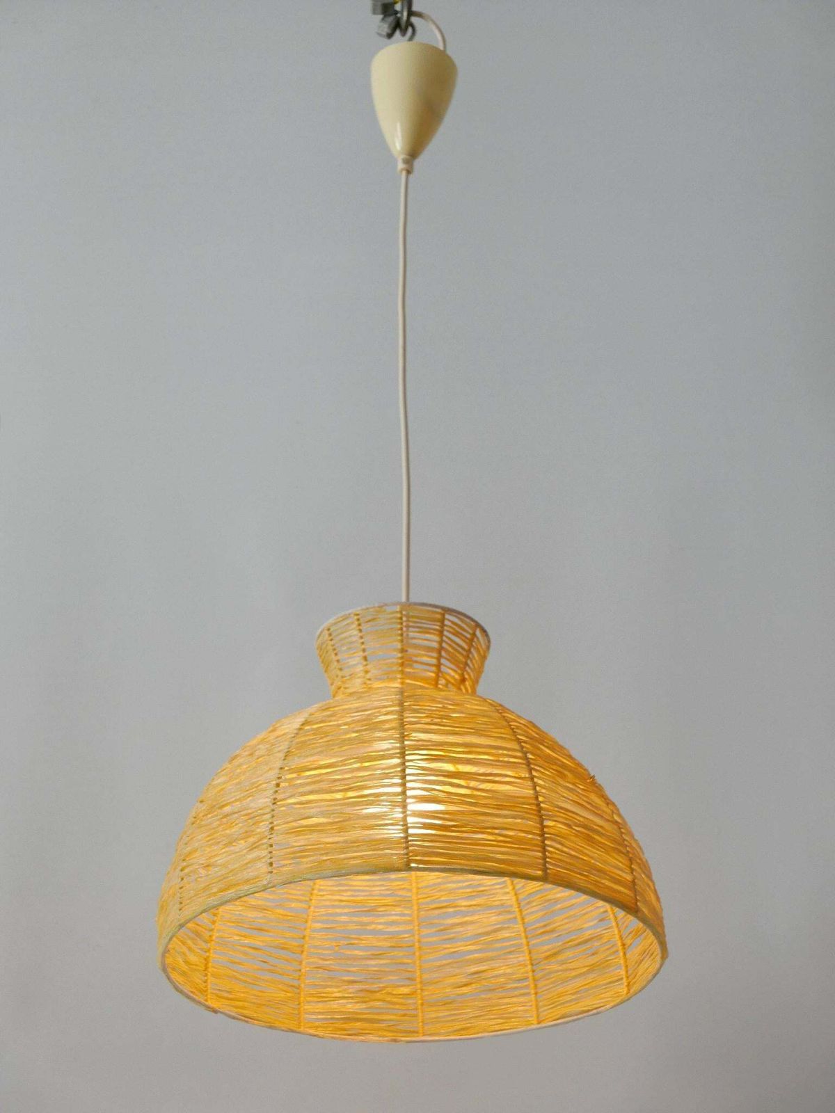 Lighting Mid Century Modern Raffia Bast Pendant Lamp Or Hanging Light Germany 1970s photo