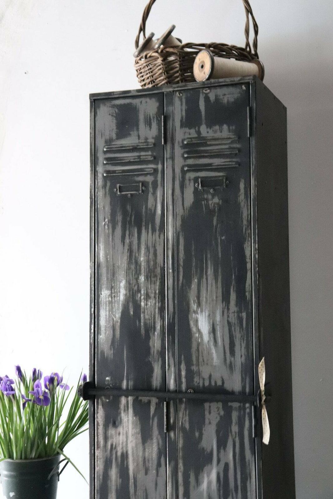 Tall Vintage Metal Painted Double Locker Or Coat Cupboard With Distressed Paintwork In Black And Grey photo furniture