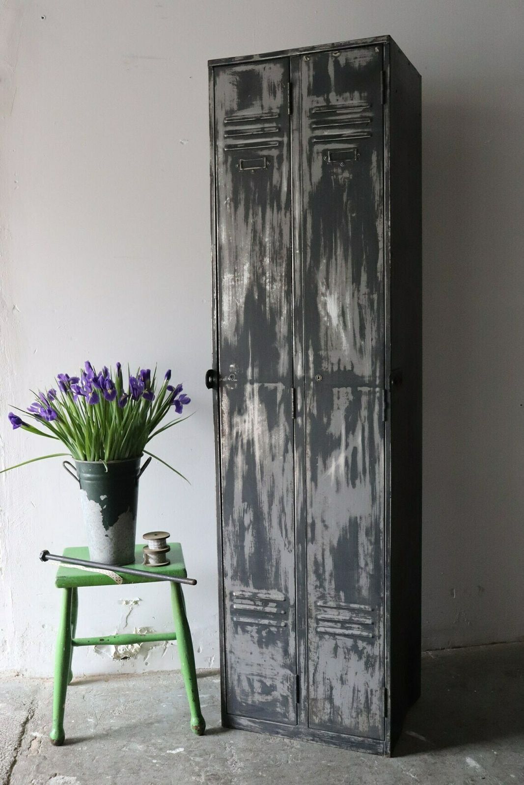 photo for sale Tall Vintage Metal Painted Double Locker Or Coat Cupboard With Distressed Paintwork In Black And Grey