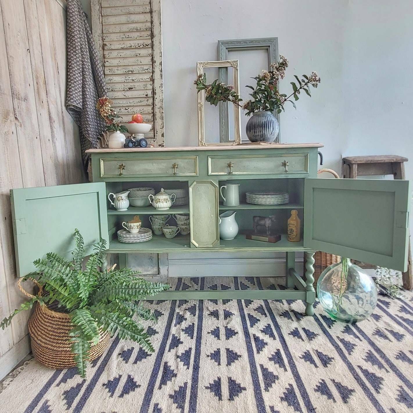 photo for sale Commission Item   Sideboard Painted Green   Farmhouse Country Boho Style   Gold Accents   Hand Painted