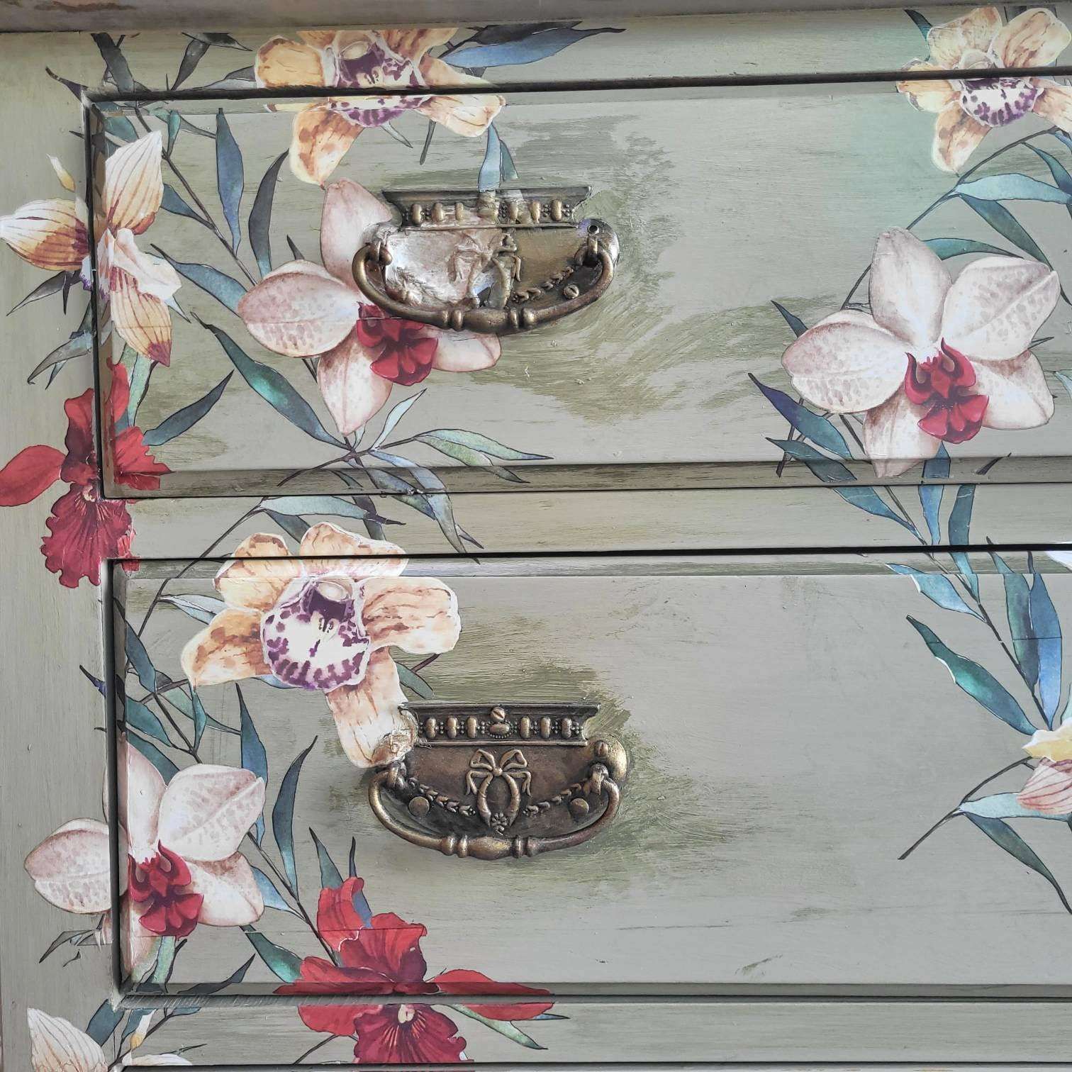 Commission Item Green Chest Of Drawers Hand Painted 3 Drawers Floral Design Bespoke photo vintage