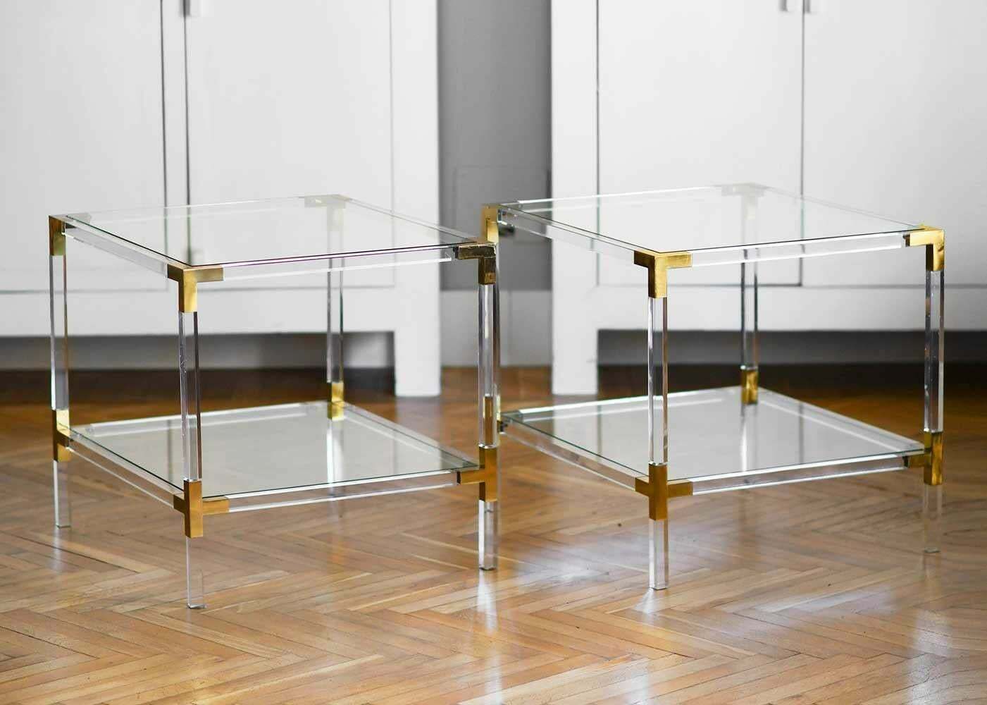 Couple Of Plexi Coffee Tables With Brass Details And Crystal Top, 1980 photo furniture