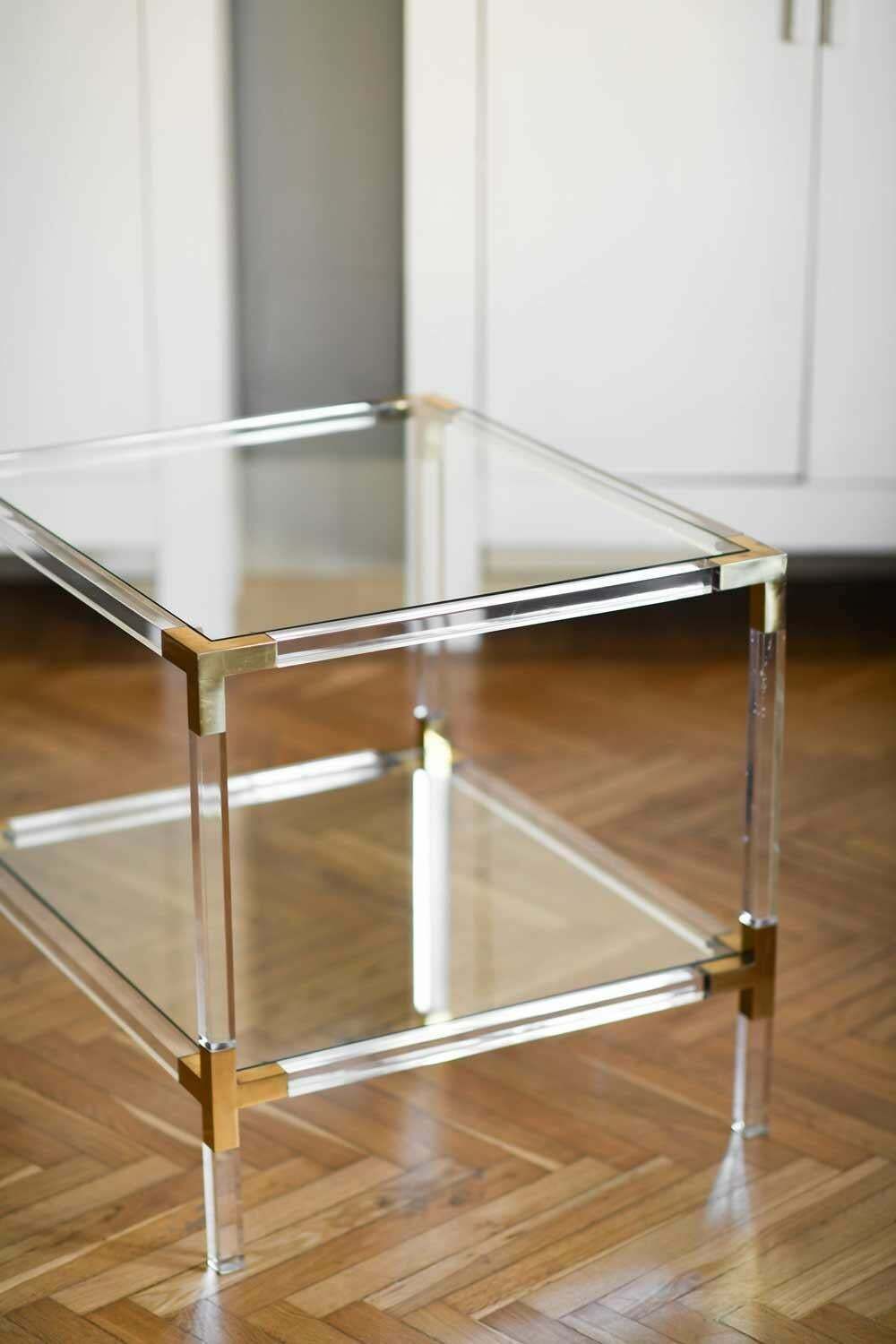 Couple Of Plexi Coffee Tables With Brass Details And Crystal Top, 1980 photo Furniture