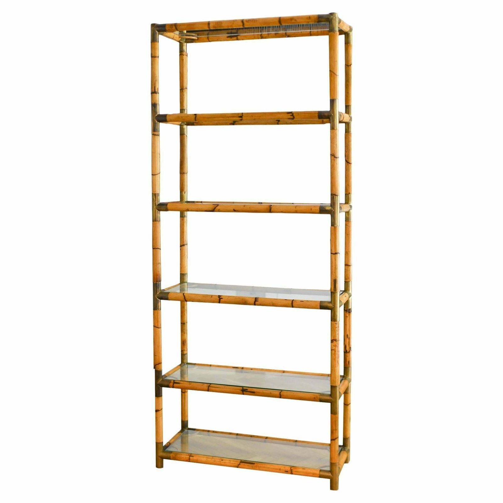 Bamboo Bookcase With Brass Details And Glass Shelves, 1980s