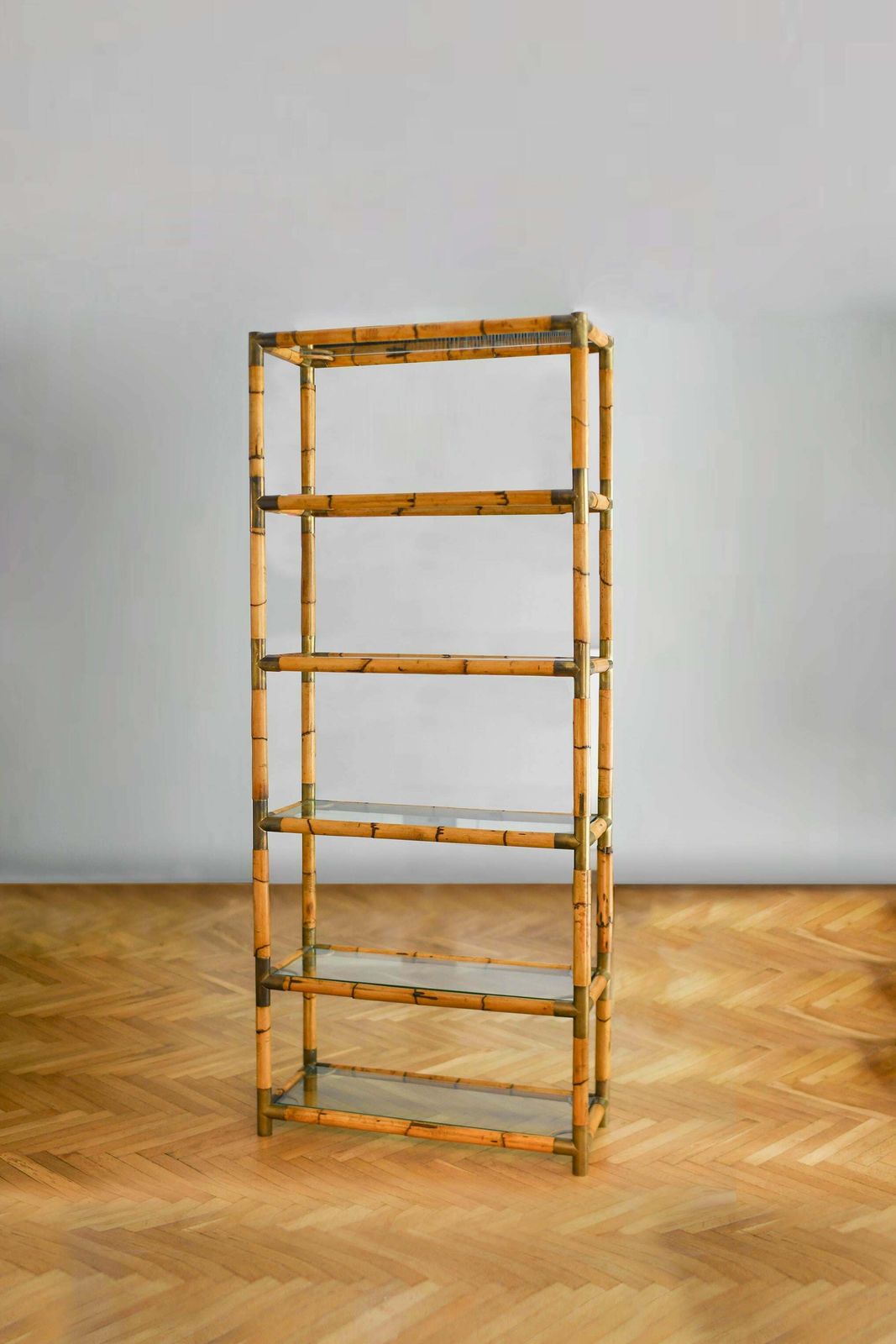 Bamboo Bookcase With Brass Details And Glass Shelves, 1980s photo furniture