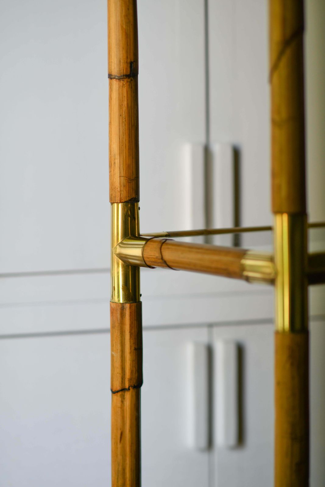 Bamboo Bookcase With Brass Details And Glass Shelves, 1980s photo for sale