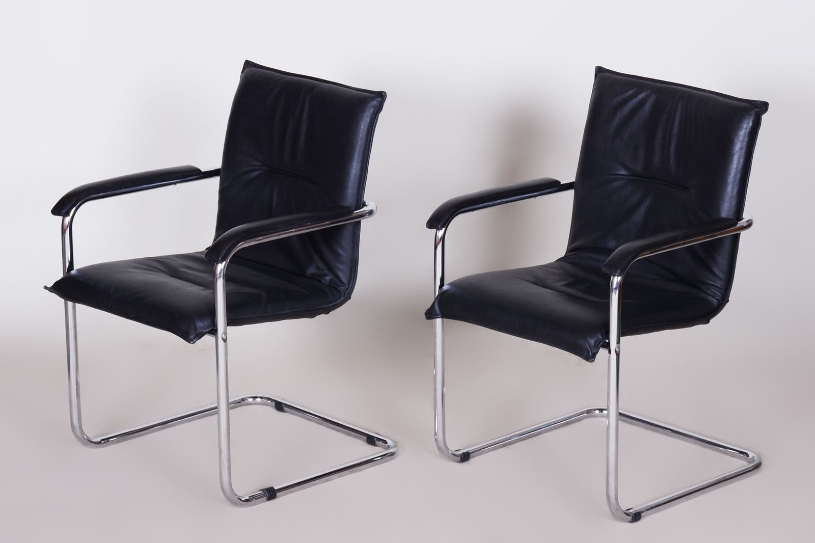 Pair Of Black Bauhaus Chairs, Artificial Leather, Chrome, Well Preserved Original Condition, 1970s, Germany