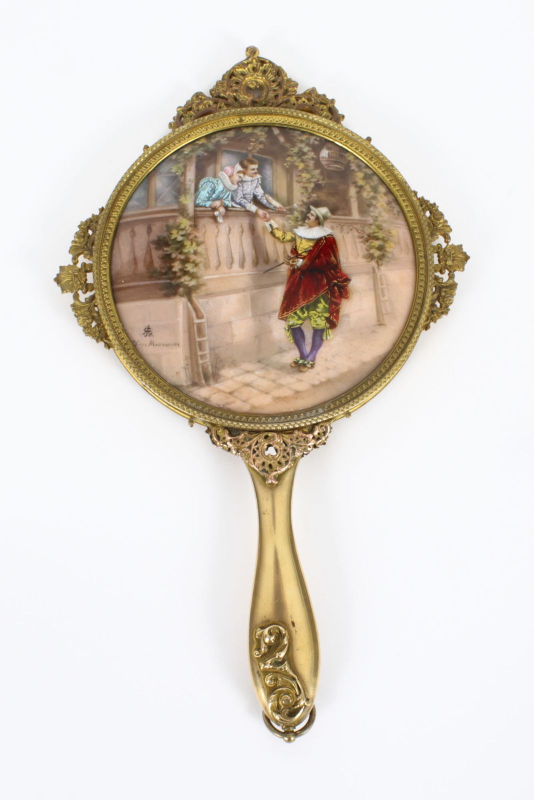 Antique French Limoges Ormolu Hand Mirror, Signed Joseph Meissonnier  19th C