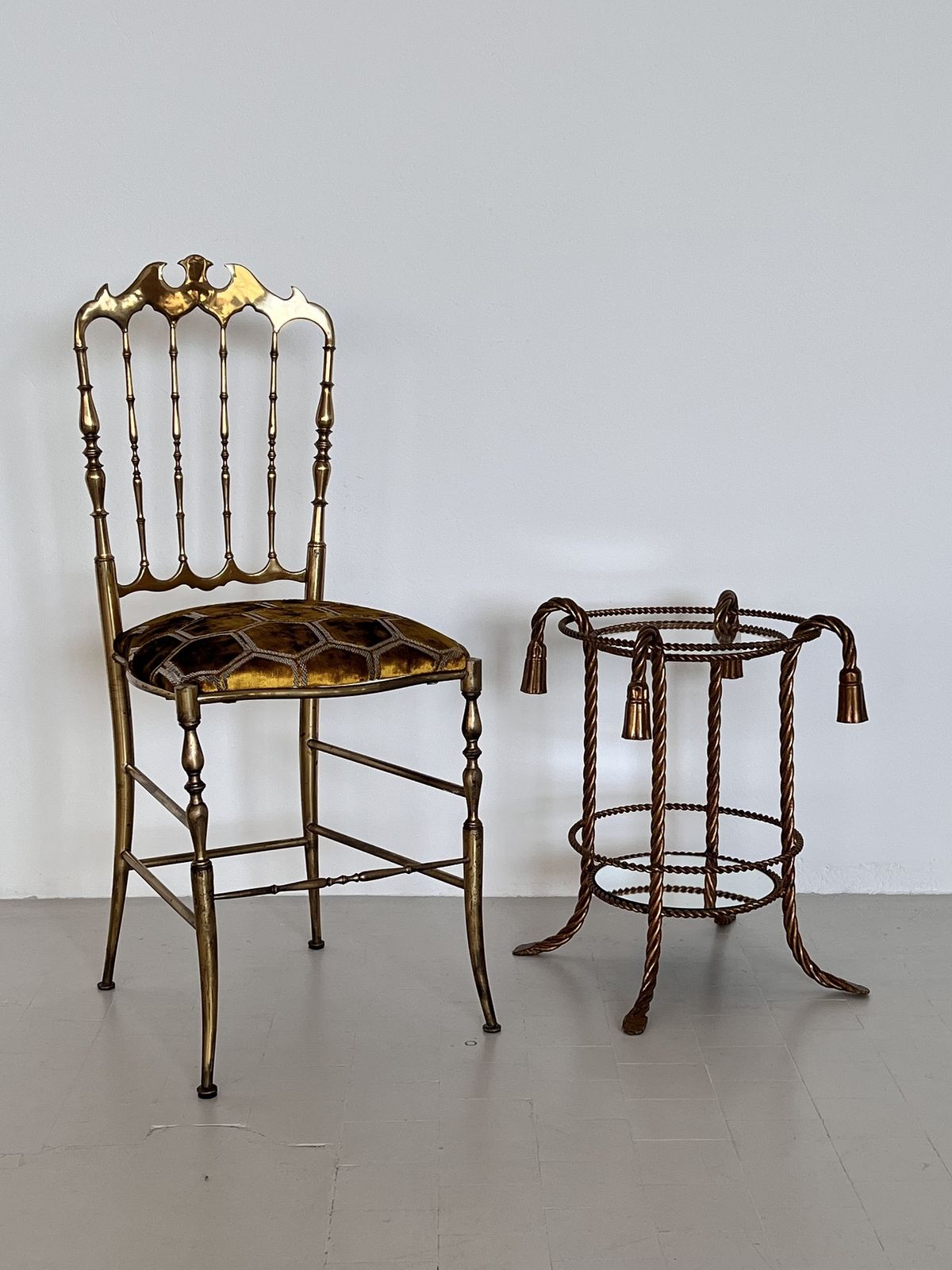 photo for sale Italian Midcentury Chiavari Chair In Full Brass With New Upholstery From Designers Guild, 1970s