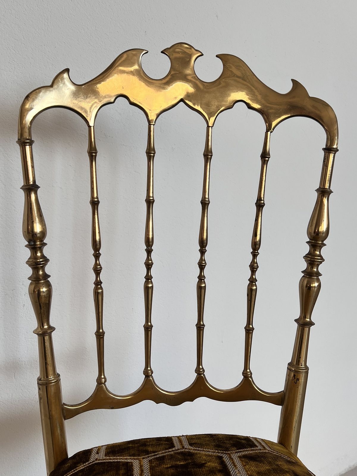 890.0 Italian Midcentury Chiavari Chair In Full Brass With New Upholstery From Designers Guild, 1970s photo